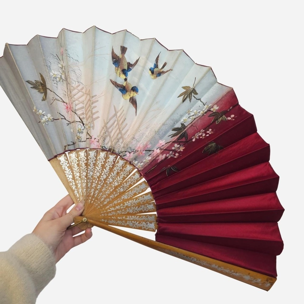 Antique Victorian Hand Painted Fan Birds Blue & Red Floral 1800s Rare Art Flower